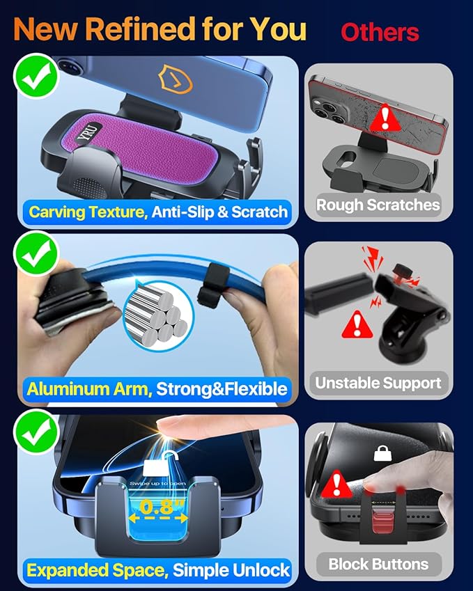 YRU [2025 Ultimate Car Phone Holder Mount [Bendable & Adjustable Aluminum Arm] Cell Phone Holder for Car Dashboard Windshield Phone Stand for iPhone 16 15 14 13 Pro Max Samsung Pickup Truck, Rose Red