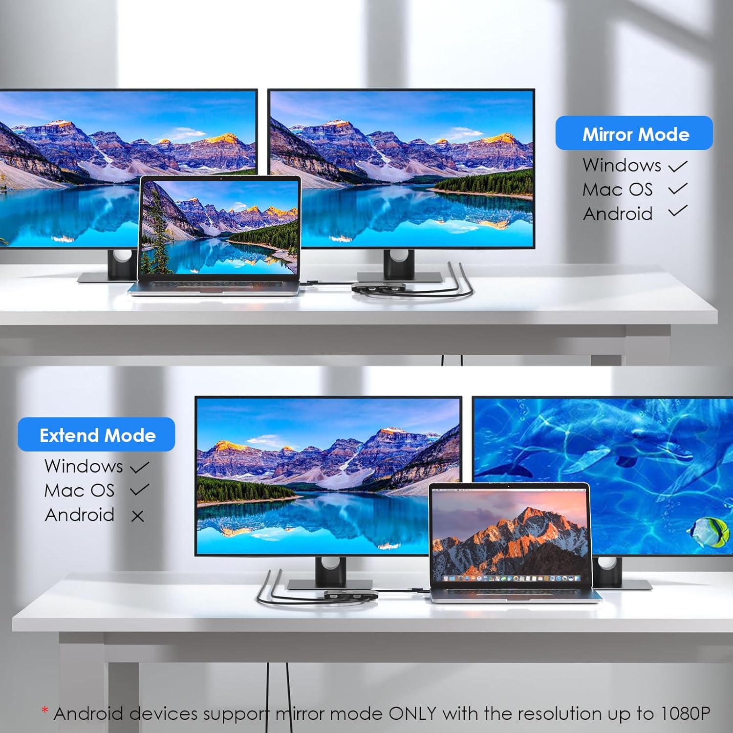 WAVLINK USB C and USB 3.0 to Dual 4K DisplayPort/HDMI Adapter, Displaylink Monitor Splitter Extended Display for Dual Monitor 4K@60Hz, HDMI/DP Splitter Compatible with Mac M1-M4,Window Laptop-Black