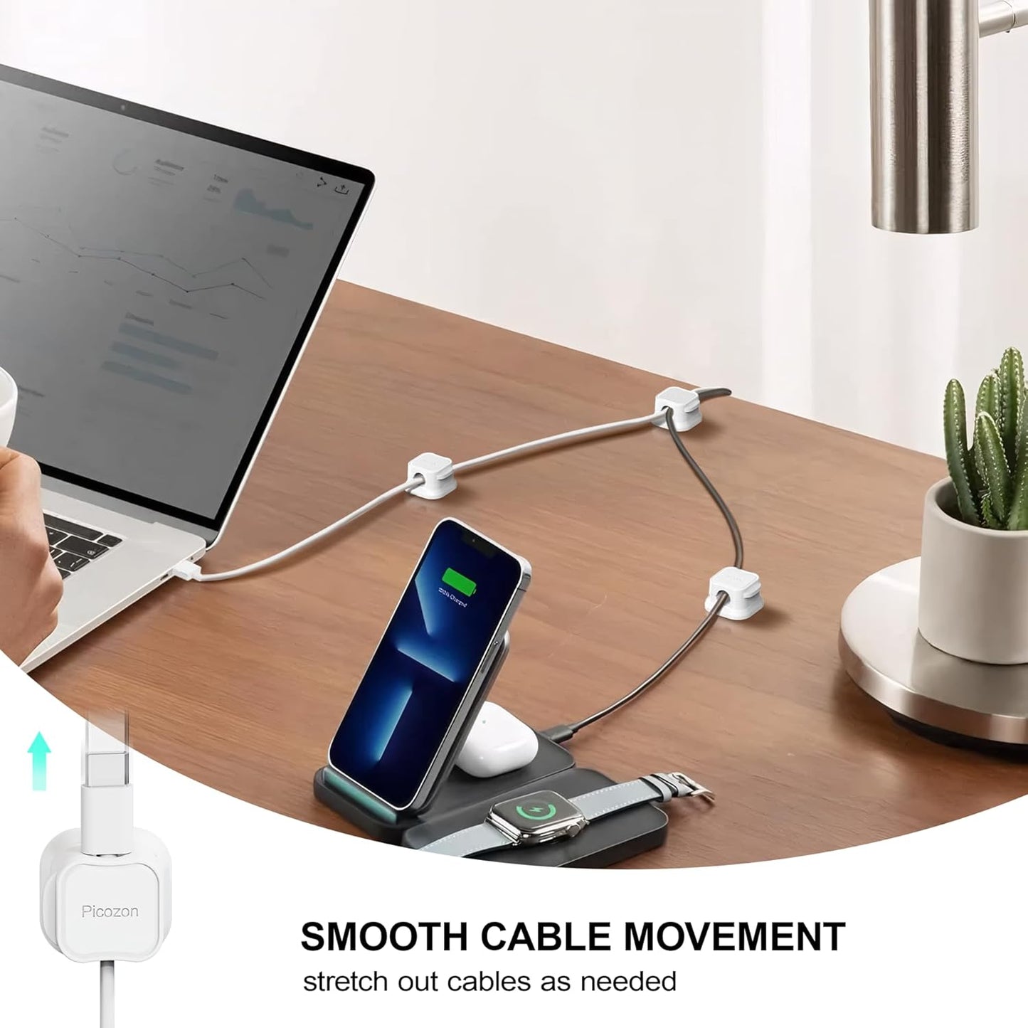 12 Pack Magnetic Cable Clip Organizer Cord Holder, Picozon Adhesive Cable Management, Wire Phone USB Charger Cable Holder, Keeper Organizer for Office Home Desktop Table - White