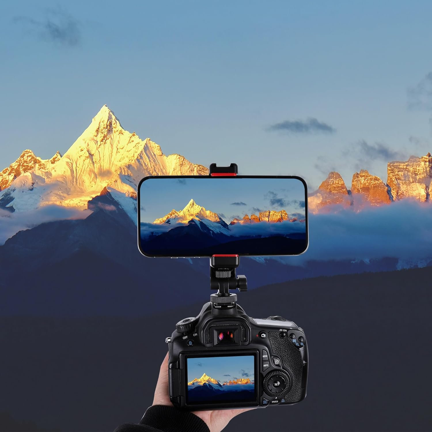 Phone Tripod Mount Adapter, with Cold Shoe&1/4" Hole for Tripod/Selfie Stick/Camera Stand, 360° Rotates Adjustable Phone Clip Clamp Holder for iPhone/Samsung/All