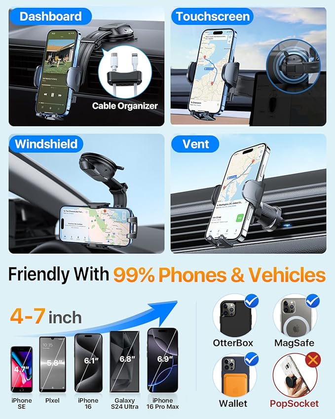 HTU Upgraded Strongest Suction Car Phone Holder Bendable Arm, Never Block View Rotatable Cellphone Mount for Dashboard Windshield Vent, Cradle Stand for iPhone 16 15 14 13 12 Pro Max (Dark Pink)