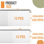 24pcs A4 Mesh Zipper Pouch File Bags, 12pcs Large A3 and 12pcs Letter A4,Black Reusable Zipper Bags for Organizing Storage, Waterproof Puzzle Bag, Board Game Storage and School Office Supplies