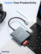 Dockteck SD Card Reader Adapter, 312MB/s SD4.0 Super Speed, USB3.1 SD/TF Card Reader, 3-Slot USBC to SD/Micro SD/USB A Memory Card Reader for UHS-Ⅱ-ⅠSD/Micro SD/SDHC/SDXC/MMC, with OTG for Plug&Play
