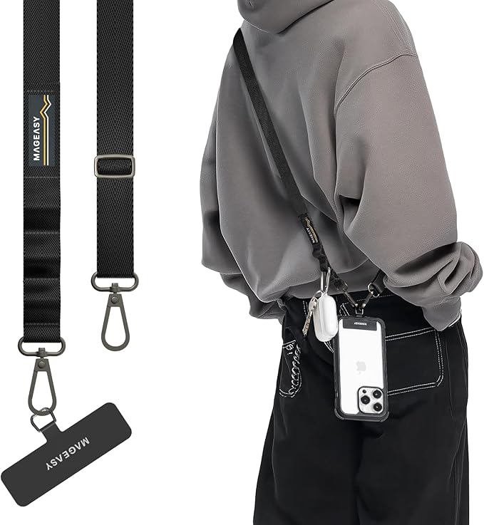 MAGEASY Universal Cell Phone Lanyard Crossbody - Anti-Theft Crossbody Phone Strap for iPhone 16 Pro Max & Most Smartphones, for Men & Women | 20mm (Black)