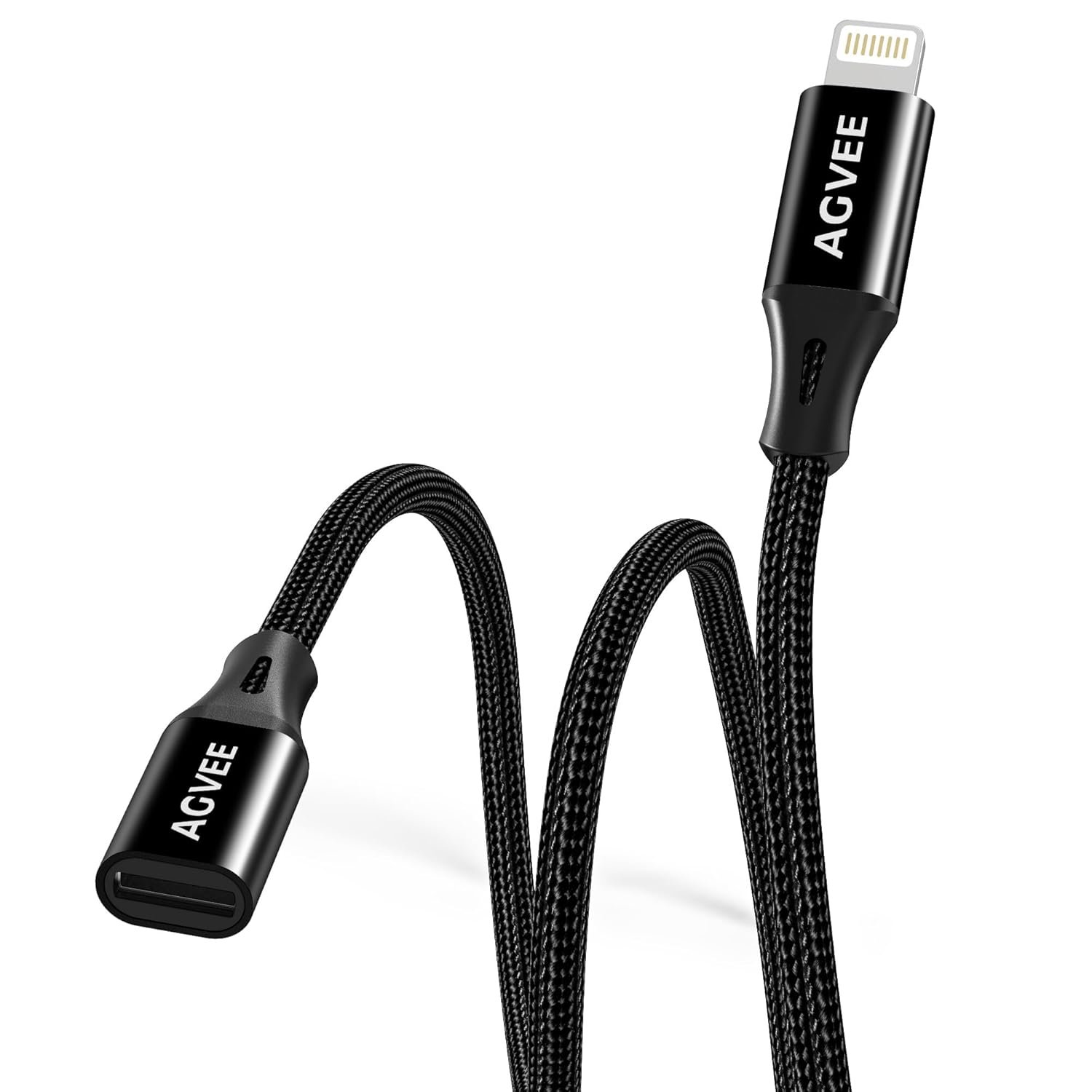 AGVEE 1ft Lightning Extension Cable, Braided Female to Male Extender Full Function Cord Compatible with iPhone iPad, Data Sync Video Audio & Charging Connector Adapter, Black