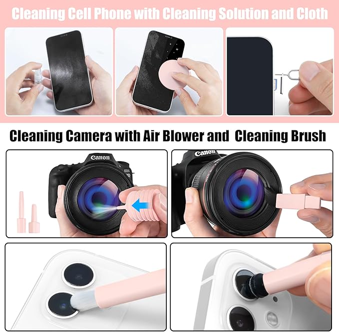 walrfid Laptop Phone Screen Cleaner Kit, Computer Keyboard Brush Cleaning Spray for iPhone AirPods MacBook iPad, 20-in-1 Electronic Device Clean Tool for Camera Earbud Car Screens (Pink)