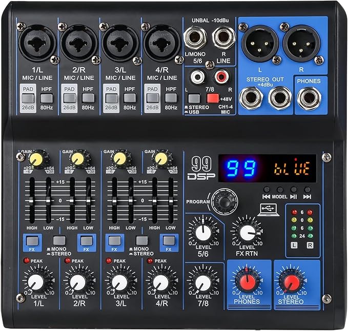 Dj Mixers 8 Channel Audio Mixer Sound Board with Bluetooth, Usb Audio Interface with Sound Card Recording and 48V Phantom Power Sounds Mixer Board with 99 DSP FX Reverb Delay Effect for Streaming