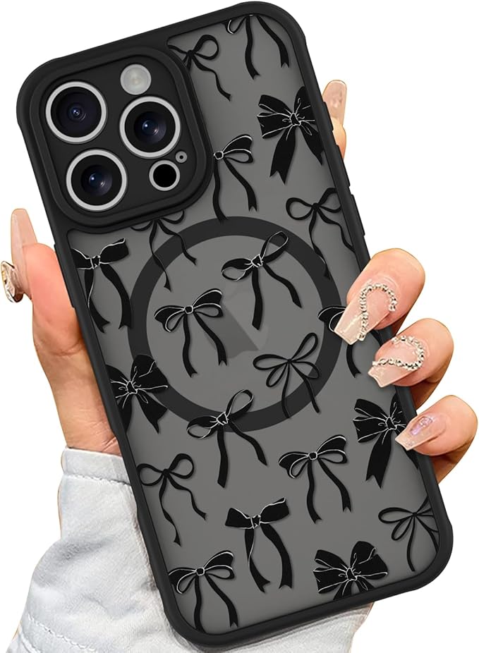 AIGOMARA Case for iPhone 16 Pro [Compatible with MagSafe] Black Ribbon Bow Pattern Design Soft TPU Bumper Hard PC Back Anti-Fall Shockproof Protective Slim Magnetic Cover for Women Girls