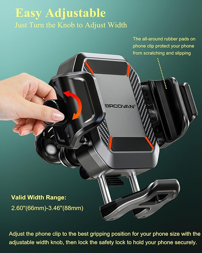 BRCOVAN Anti-Theft Phone Mount Holder with Vibration Dampener [Camera Friendly] [1s Lock & Release] with Aluminum Round Base & Medium Arm, for Car Boat Truck Motorcycle UTV, Fit 5.4-7.2'' Smartphones