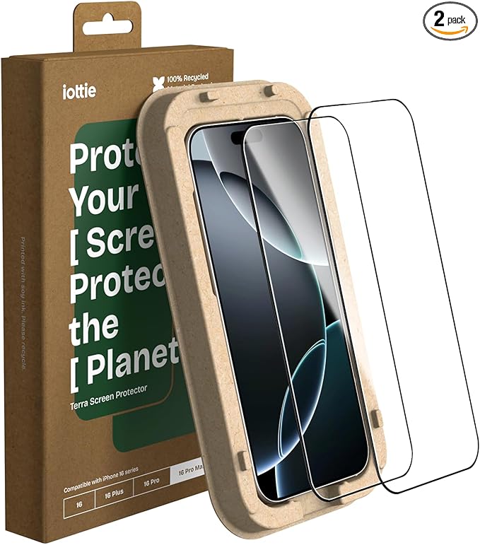 iOttie Terra iPhone 16 Pro Max Tempered Glass Screen Protector Military Grade 9H Hardness Shatterproof Scratch Resistant, Edge to Edge Protection Easy Bubble Free Install, 2 Pack