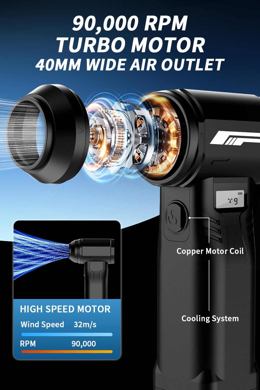 Instant Dust Removal — Compressed Air Duster 90,000 RPM with 40mm Nozzle, LED Light, TFT Display, 9-Speed Adjustable Rechargeable Air Duster, 10,000mAh Battery, 5 Nozzles for Computer,blowers