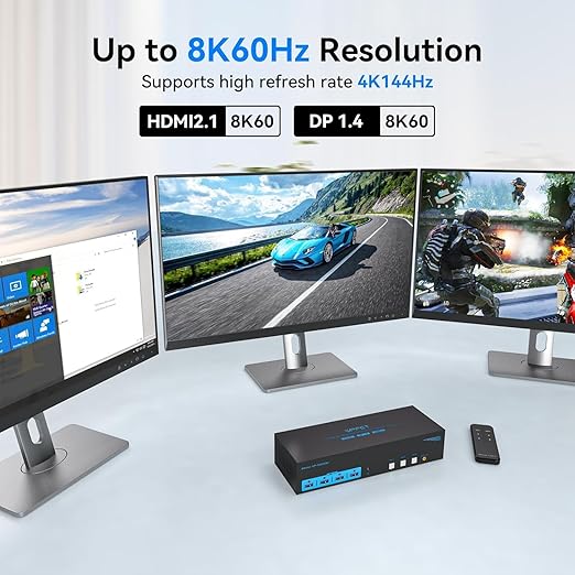 4K144Hz HDMI + 2 Displayport KVM Switch 3 Monitors 3 Computers 8K USB 3.0 KVM Switches Triple Monitor for 3 Computer Share 3 Screens and 4 USB 3.0 Ports Support Extended/Copy Mode