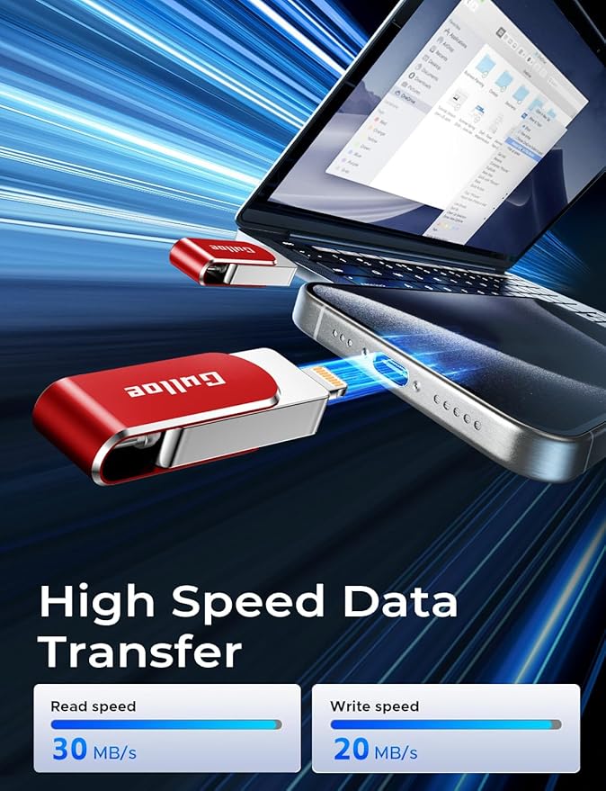Gulloe 256GB Flash Drive Intended for iPhone, Memory Stick Storage for Photos and Videos Backup, Compatible with iPhone iPad Android PC, Plug and Play, No Application Required (Red)