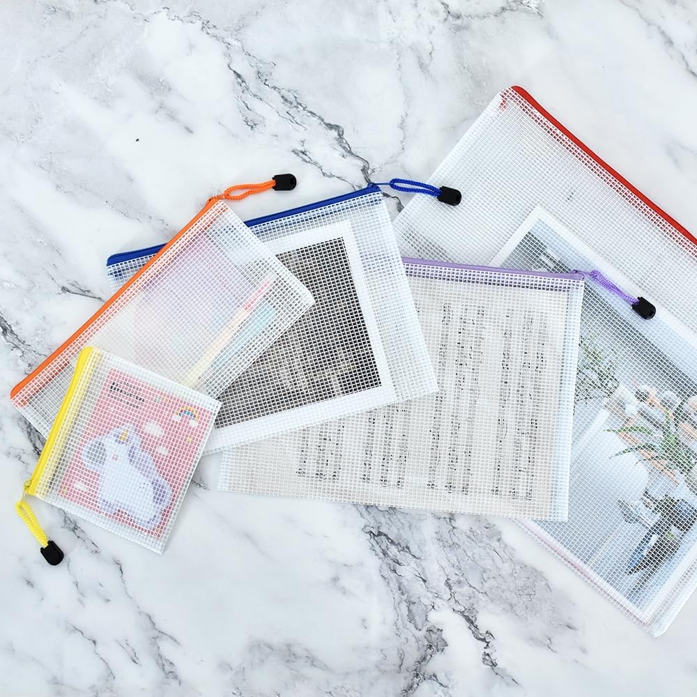 Vuzvuv 34pcs Mesh Zipper Pouch Set ，8 Sizes Plastic Document Pouch with Label Stickers,8 Colors Waterproof Document Mesh Bags for File, Makeup, Board Game School Office Home Travel Storage