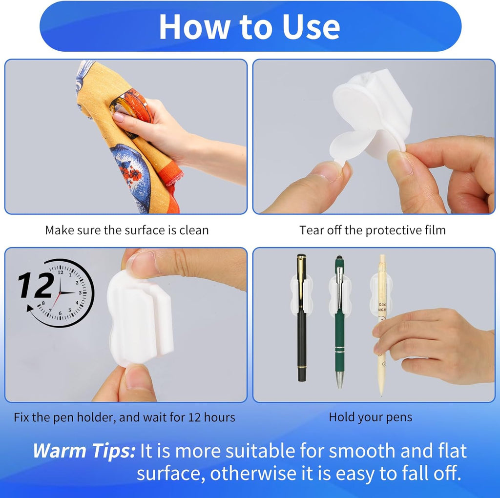 12PCS Pen Holder for Desk, Upgraded Adhesive Pen Pencil Holder for Desk Wall Clipboard Car Silicone Pens Markers Pencils Organizer Teacher Supplies Office Supplies (12PCS White)