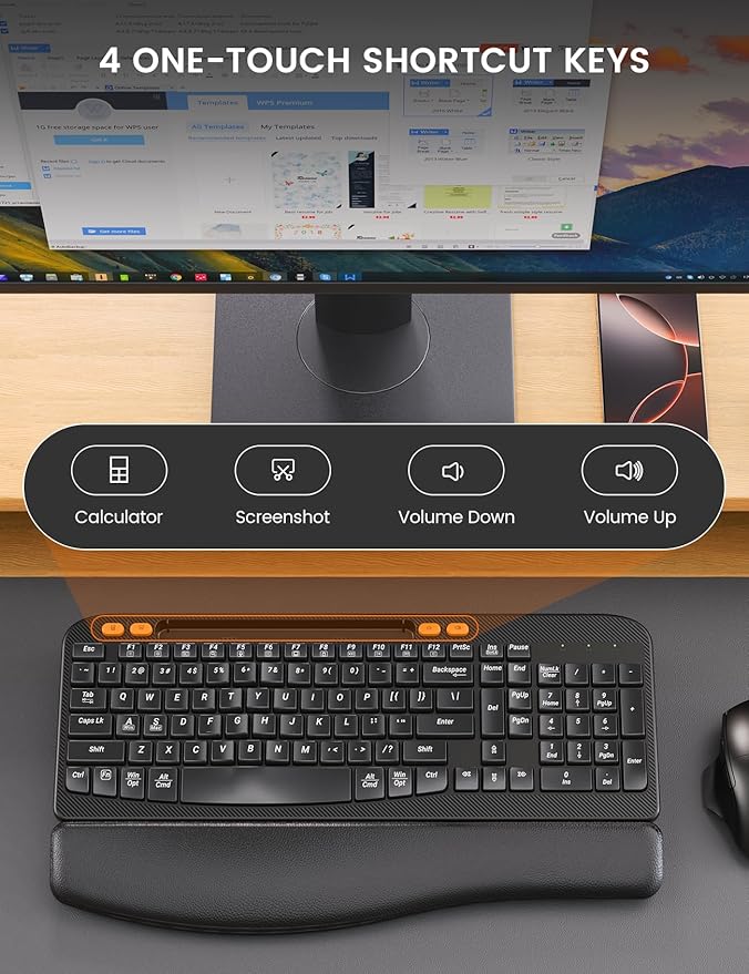Wireless Keyboard and Mouse Combo, Ergonomic Wave Keys, Cushioned Plam Rest, Rechargeable, Phone Holder, Natural Typing, 2.4G Lag-Free, Full Size Keyboards Cordless Set for Windows/Mac -SABLUTE