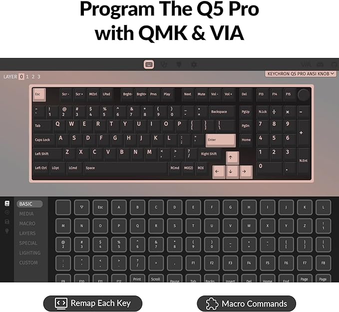 Keychron Q5 Pro QMK/VIA Wireless Custom Mechanical Keyboard, 96% Layout with Programmable Knob, KSA Double-Shot PBT Keycaps with Hot-swappable K Pro Banana Switch for Mac Windows Linux - Gray