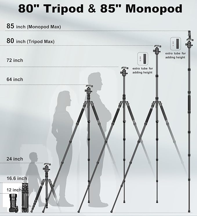 80/85 inches Heavy Duty Tripod for Camera and Phone, 85" Camera Monopod Tripods, DSLR Binoculars Spotting Scope Camcorders Video Tripod Stand, 360 Degree Ball Head, 35 lbs Loads
