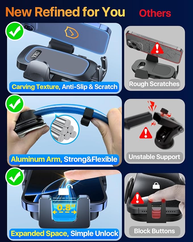 YRU [2025 Ultimate Car Phone Holder Mount [Bendable & Adjustable Aluminum Arm] Cell Phone Holder for Car Dashboard Windshield Phone Stand for iPhone16 15 14 13 Pro Max Samsung Pickup Truck,Dark Silver