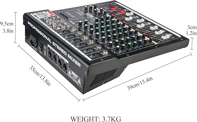 Dj Mixers 8 Channel Audio Mixer Sound Board with Bluetooth, Usb Audio Interface with 48V Phantom Power Sounds Mixer Board with FX Reverb Delay Effect for Streaming