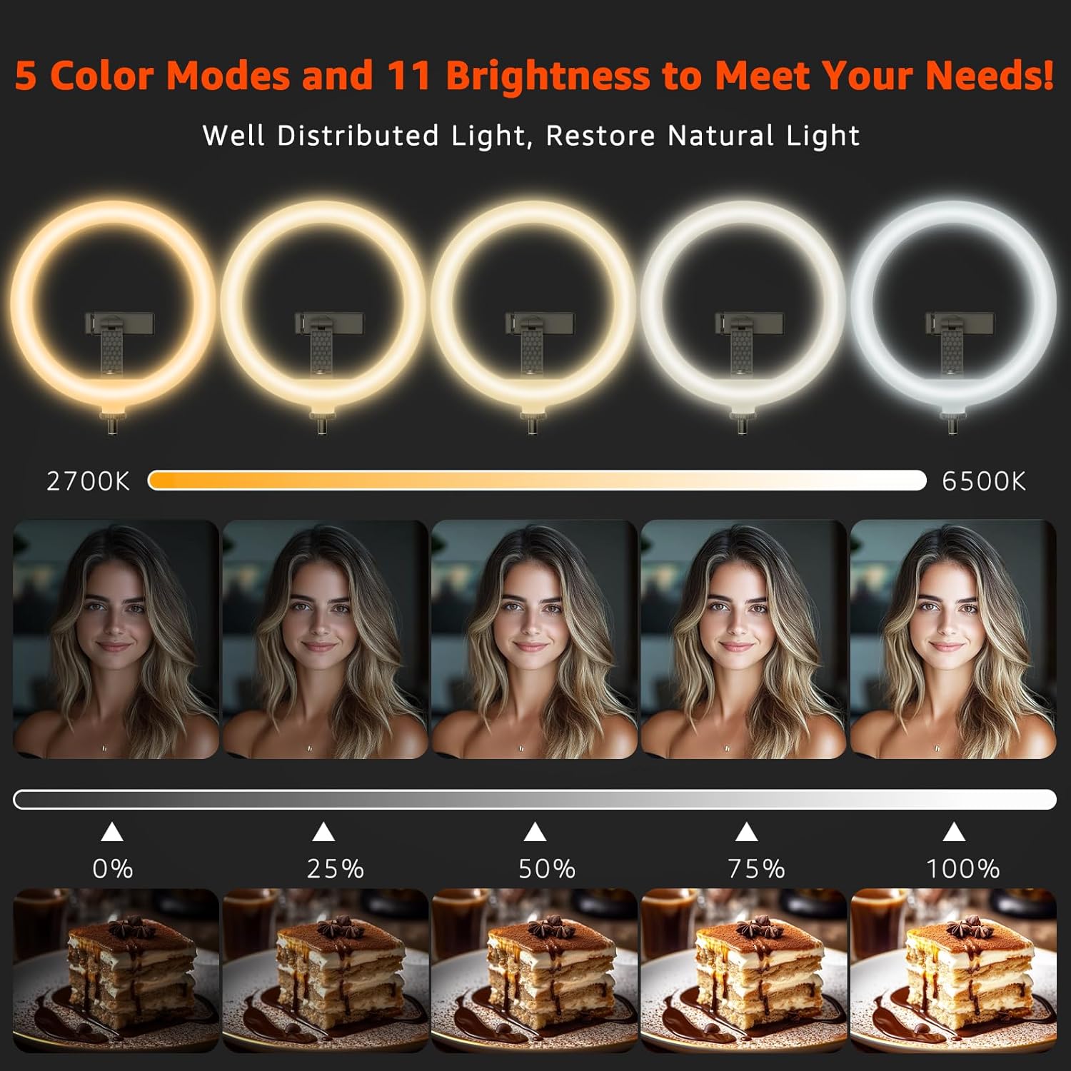 10" LED Ring Light with Overhead Phone Stand, CRI≥95 1200lm Dimmable Lighting, Adjustable Metal Arm with Remote & Phone Holder, for Streaming, Makeup, Zoom Calls, Photography