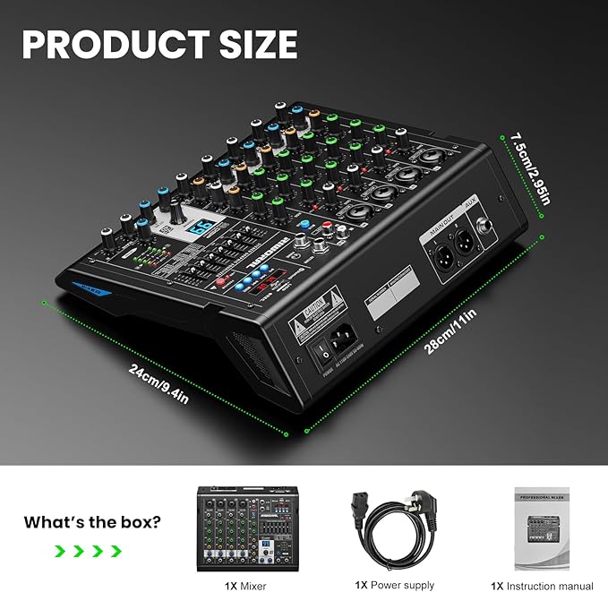 6 Channel Audio Interface Dj Mixer Soundboard Console 99 Dsp Reverb Delay Effect USB Bluetooth Studio Audio Mixer +48V Phantom Bluetooth for Karaoke Streaming Recording, Live Broadcast