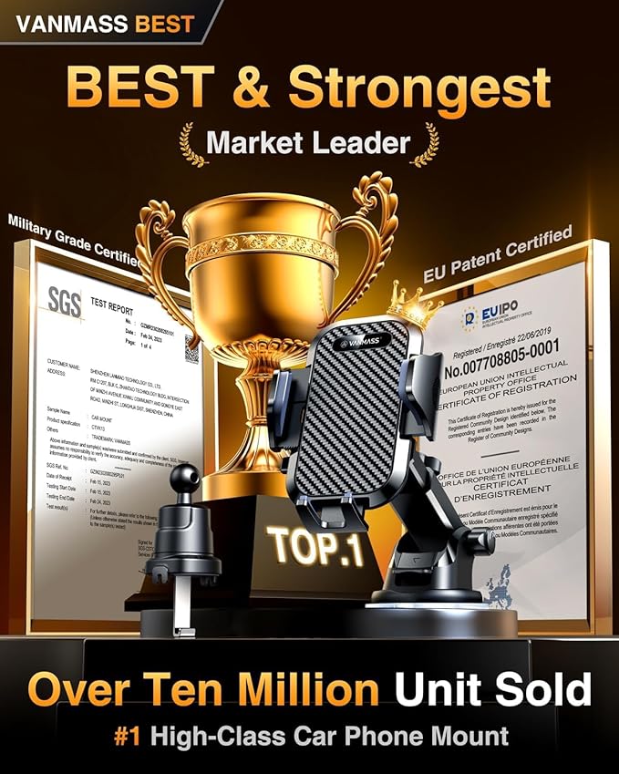 VANMASS Car Phone Holder 2025 Ultimate Military-Grade Phone Holder for Your Car Windshield Dashboard【Newest Best Strongest】 Cell Phone Car Mount with Patent & Safety Certs for iPhone Samsung Android