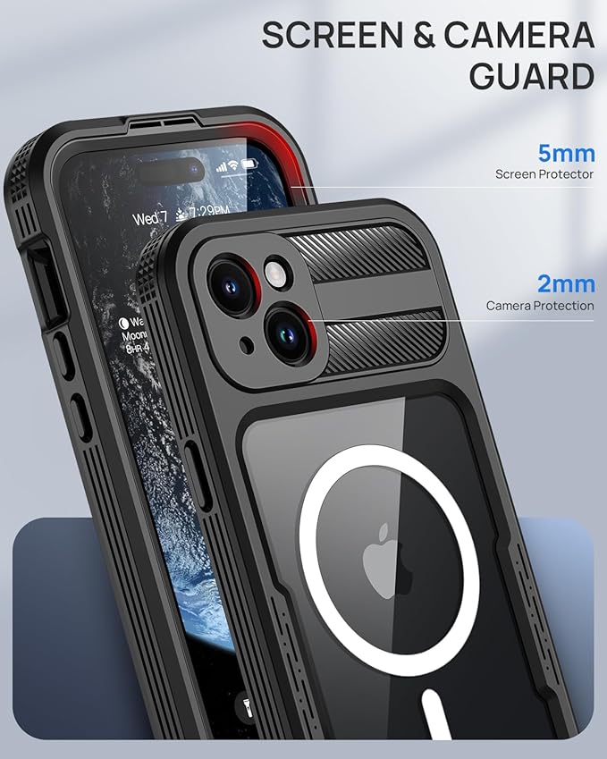 Lanhiem Magnetic for iPhone 15 Case, IP68 Waterproof Dustproof Case, [Compatible with Magsafe] [Built-in Screen Protector] Full Body Heavy Duty Rugged Phone Cover 6.1 inch, Black/Clear