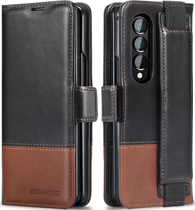 KEZiHOME for Samsung Galaxy Z Fold 4, Genuine Leather Wallet Case [RFID Blocking] with Card Holder Flip Folio Kickstand Magnetic Case Compatible with Samsung Z Fold 4 5G(Black/Brown)