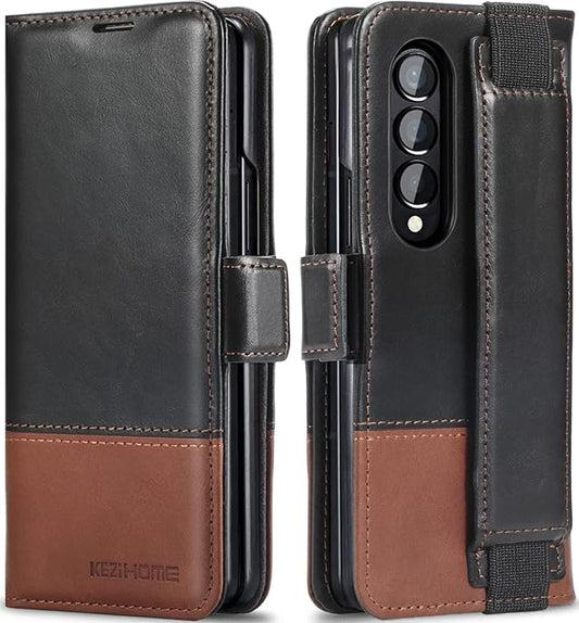 KEZiHOME for Samsung Galaxy Z Fold 4, Genuine Leather Wallet Case [RFID Blocking] with Card Holder Flip Folio Kickstand Magnetic Case Compatible with Samsung Z Fold 4 5G(Black/Brown)