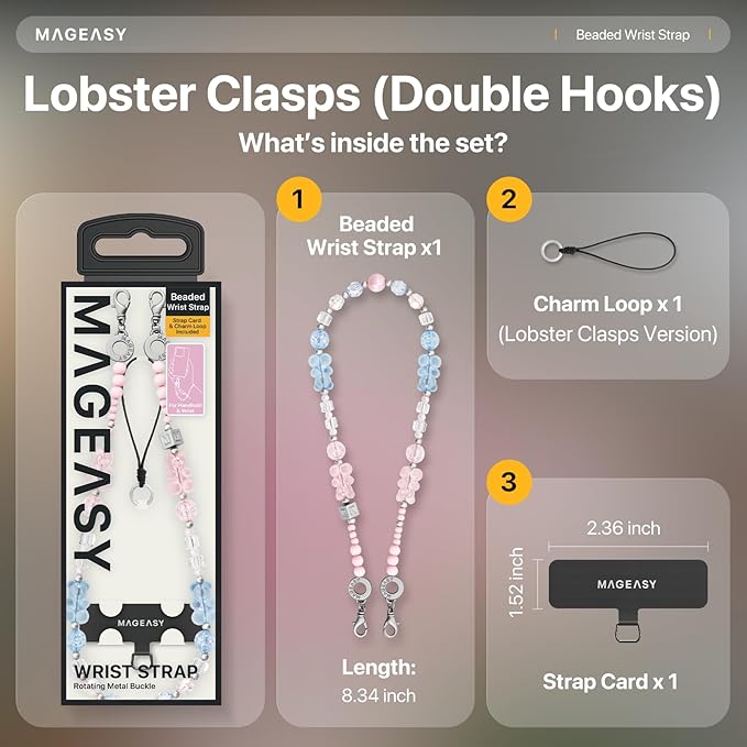 MAGEASY Beaded Phone Charm for Women - Cell Phone Wrist Strap with Teather Tab, Designed for iPhone & Android Phones, Keychain, Camera - Bear Bliss with Lobster Hooks (Double Hooks)