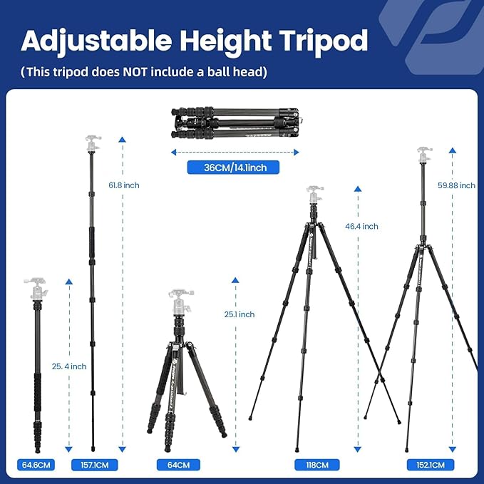 Fotopro 59” Carbon Fiber Travel Tripod, 2 in 1 Lightweight Monopod Tripods, Professional Compact Tripod for DSLR Camera, Load up to 17.6lbs(8kg)