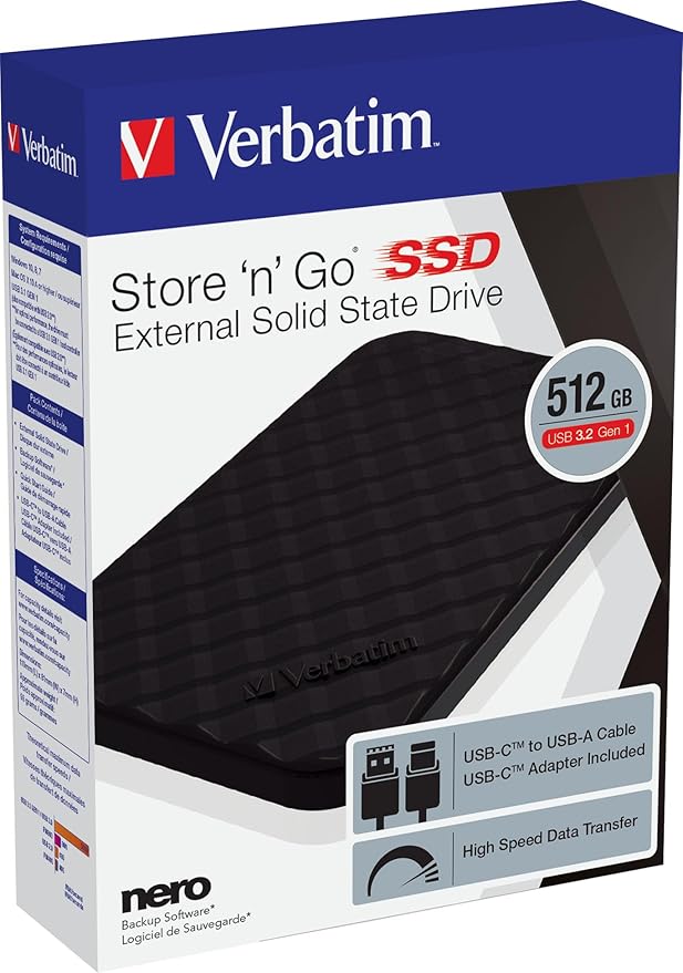 Verbatim 512GB Portable SSD External Hard Drive Store ‘n’ Go USB 3.2 Gen 1 USB-C Adapter Included - External Solid State Drive