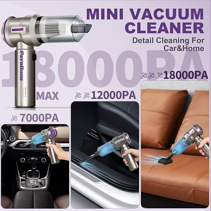 PeroBuno Electric Air Duster, Mini Vacuum Cleaner Cordless, 2-in-1, 200000RPM, 35mins Runtime, Rechargeable Outdoor Blower with 3 Gear for Car Computer Keyboard Cleaning