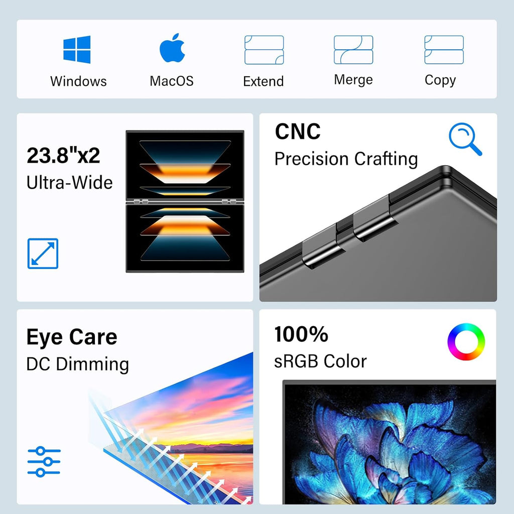 InnoView 23.8" FHD 100Hz Dual Monitor Built-in Speakers 315°Adjustable 100% sRGB Double Monitor Extendrer for Windows Mac w/HDMI Type-C Work Office Triple Monitors