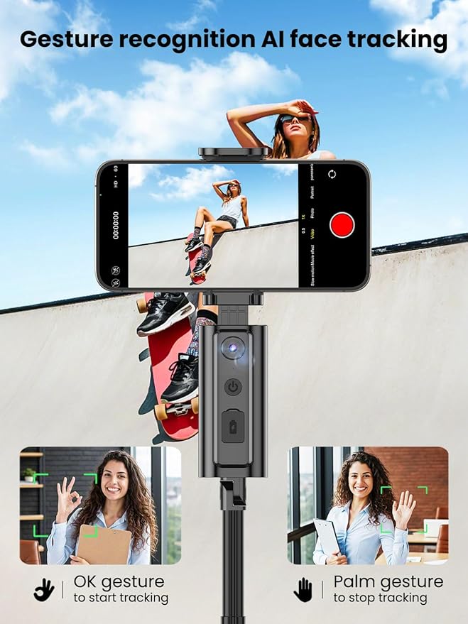 Auto Face TrackingTripod, w/Gesture Control for iPhone,Extendable Pole, 360° Rotating Selfie Stick,Wireless Remote,Video Recording 4-Leg Stable & Portable Tripod
