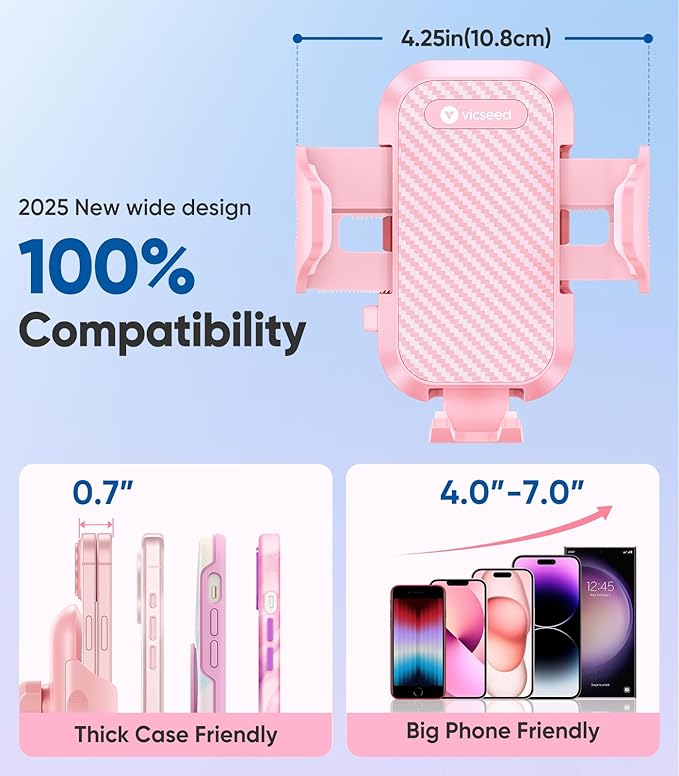 VICSEED Pink Phone Holders for Your Car, [True Military-Grade Strongest Suction Power], 3-in-1 Dashboard Windshield Vent, Truck Boat Stand Cell Phone Mount for iPhone Android All Phones