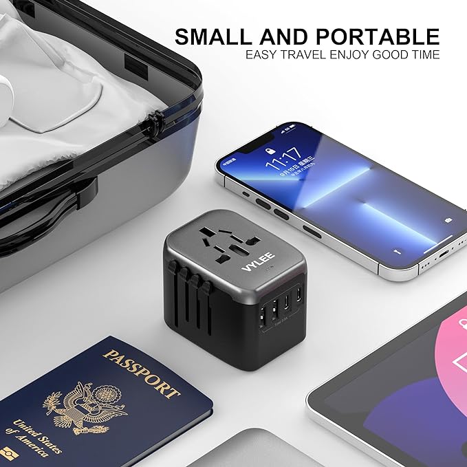 Universal Travel Adapter, VYLEE 5 in 1 International Power Adapter, 3.5A 2xUSB-A and 2xUSB C Wall Charger, Worldwide Travel Essentials Plug for Europe USA UK AUS Asia (Black Grey)