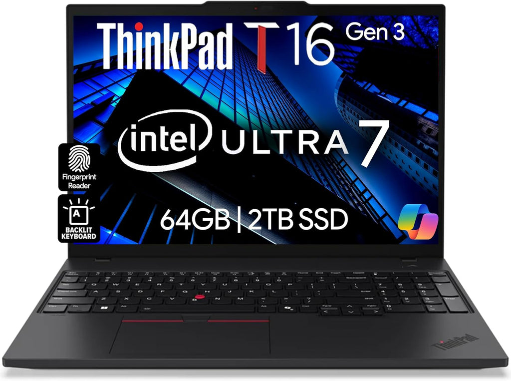 Lenovo ThinkPad T16 Gen 3 Business Laptop 16” FHD+ Display, Intel Ultra 7-155U (Beats i7-1355U), 64GB DDR5 RAM, 2TB SSD, 5MB Webcam, WiFi 6E + BT, RJ-45, HDMI, Win 11 Pro, AI Copilot - Black