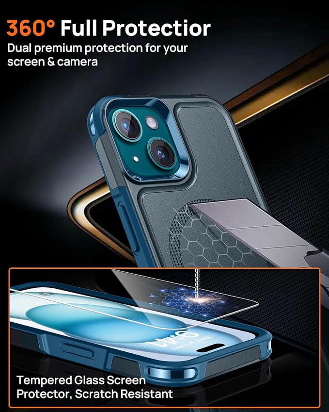Lanhiem for iPhone 15 Case Magnetic, [2 Pack Tempered Glass Screen Protector][Compatible with MagSafe][10 FT Military Grade Shockproof] Heavy Duty Tough Rugged Phone Cover for iPhone 15 - Dark Blue