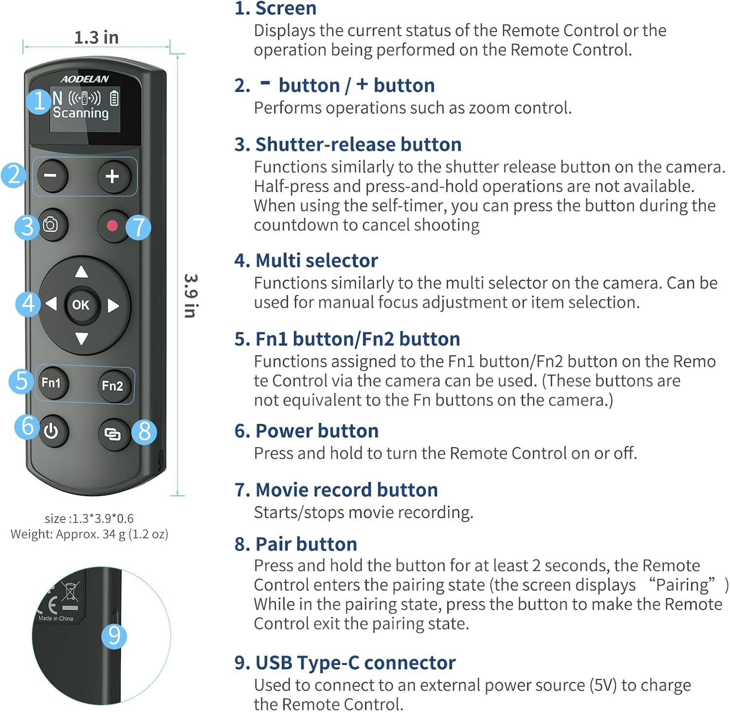 Rechargeable Shutter Release for Nikon AODELAN Wireless Camera Remote Control Compatible with COOLPIX P1000, P1100, P950, B600, A1000, Z50, Z30, Z fc, Z6 II, Z7 II,Z5, Replaces Nikon ML-L7(Black)