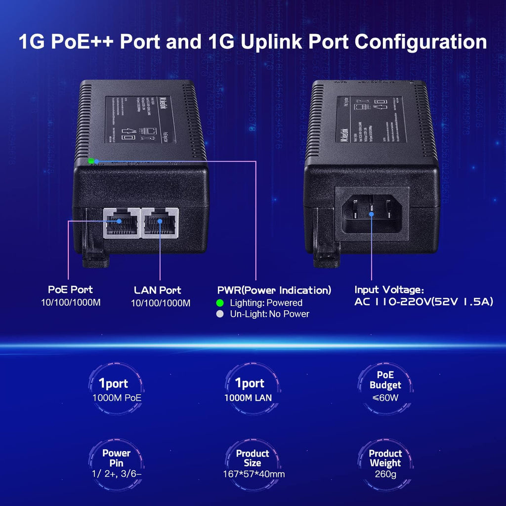 MokerLink Gigabit PoE Injector, 802.3af/at/bt 60W, 10/100/1000Mbps Ethernet, Plug & Play, Distance Up to 100 Meters (328 ft.)