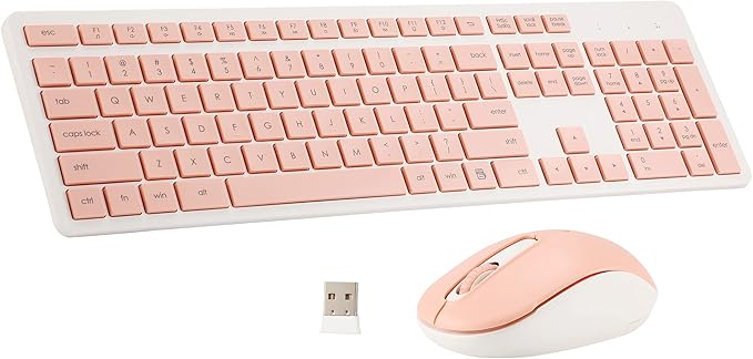 Wireless Keyboard and Mouse Combo, 2.4G Silent Cordless Keyboard Mouse Combo for Windows Chrome Laptop Computer PC Desktop, 106 Keys Full Size with Number Pad, 1600 DPI Optical Mouse (Pink)