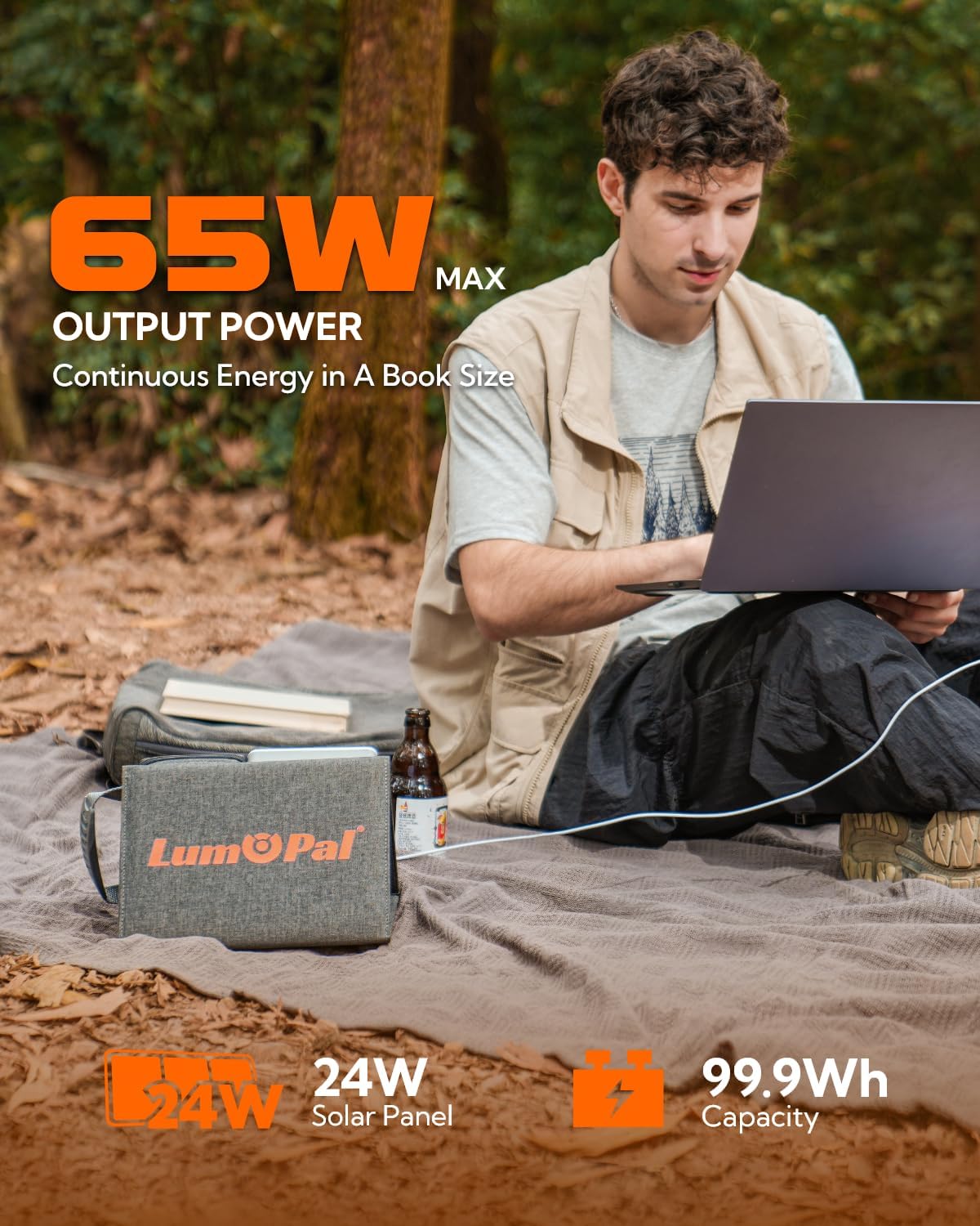 Lumopal Portable Solar Charger 99.9 Wh Battery Bank Equipped with 24W Foldable Solar Panels and 600 Lumen Adjustable LED Camping Light, 65W PD USB-C, 22W QC3.0 USB A Output for Outdoor