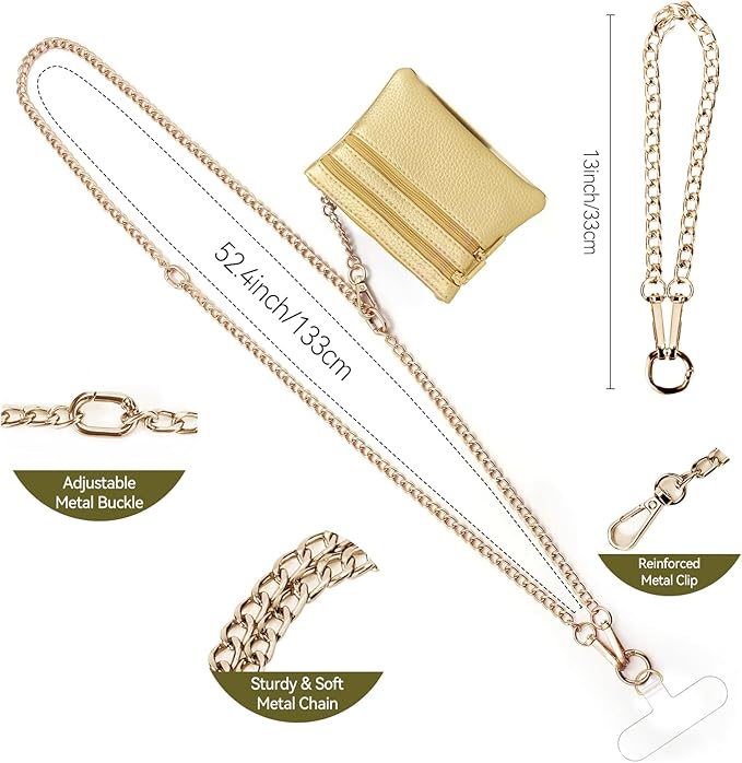 Clip and Go Strap for Phone Gold Metal Chain with Gold Purse Wallet Crossbody Phone Lanyard for Women with Cell Phone Stand Holder 2 Patches Tether Adjustable Anti Theft for iPhone 16 15 14 All Phones