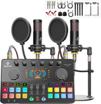 Podcast Equipment Bundle for 2 with Dual 48V XLR Condenser Micophones with Mic Pop Filters Audio Equipment for Live Streaming/ Recording, Online Gaming for Phone/ Laptop/ PC Audio Interface M100