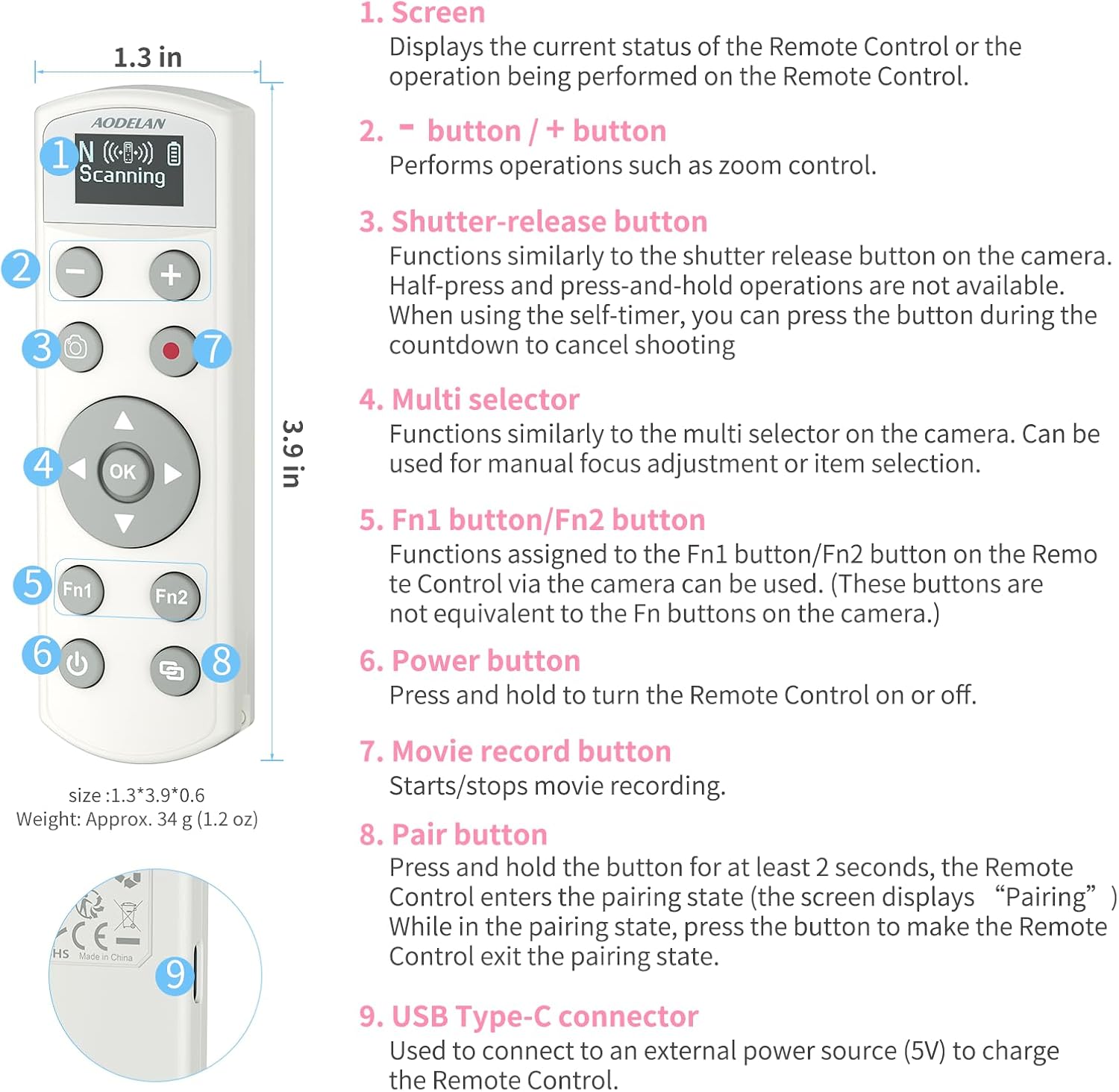 Rechargeable Shutter Release for Nikon AODELAN Wireless Camera Remote Control Compatible with COOLPIX P1000, P1100, P950, B600, A1000, Z50, Z30, Z fc, Z6 II, Z7 II,Z5, Replaces Nikon ML-L7(White)