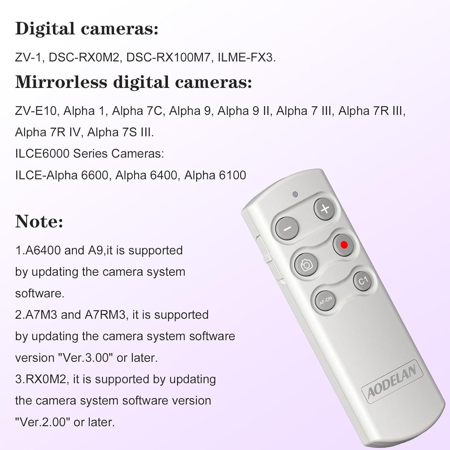 AODELAN Camera Wireless Shutter Release Remote Control for Sony ZV-E10, FX3, ZV-1, A7SM3, A7C, A7RIV, Alpha 9,7R IV,7R III, 7 III, RX0 II, RX100 M7,6600, 6400, 6100, 9 II; Replces Sony RMT-P1BT