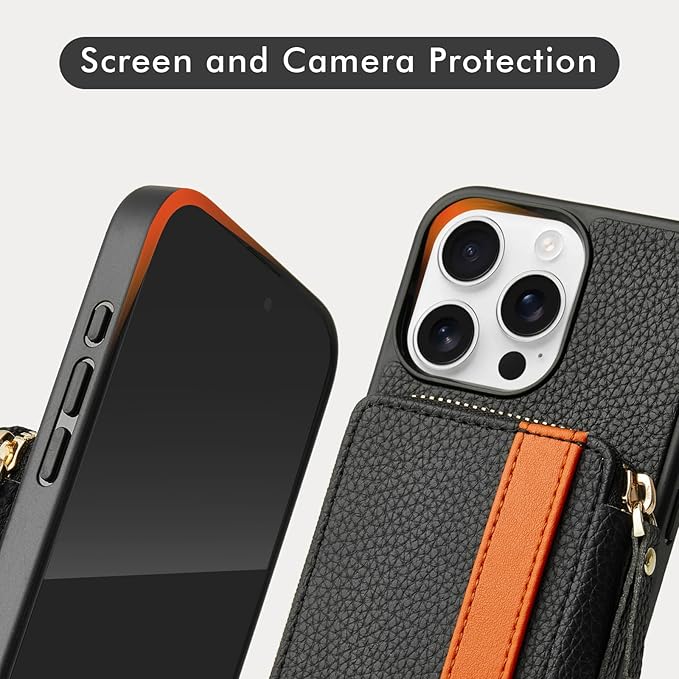 LAMEEKU for iPhone 15 Pro Max Wallet Case with Card Holder, Zipper Leather Crossbody Case with Kickstand Wrist Strap Lanyard for Women, Cover Phone Grip Holder Stand 6.7" -Black