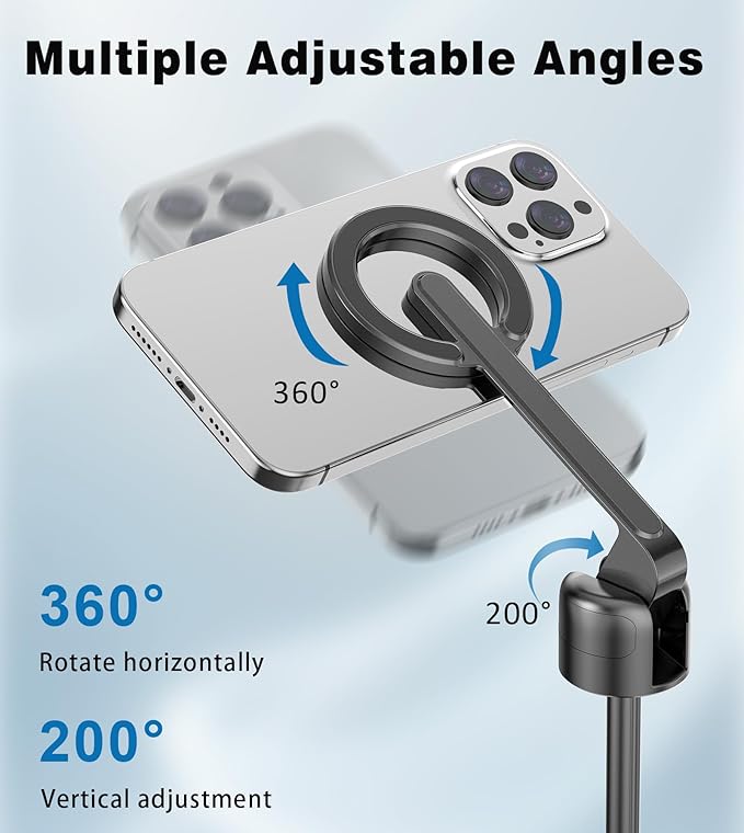 68" Magnetic Selfie Stick Tripod with Rechargeable Detachable Remote for Magsafe, Portable Small Extendable Phone Stand Tripods with Metal Ring, 360° Rotation for Vlog/Live Stream/Travel/Black